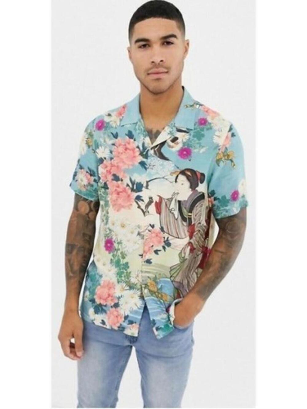 ASOS Design Large Floral Lady Button Down Shirt Japanese Print Viscose Casual